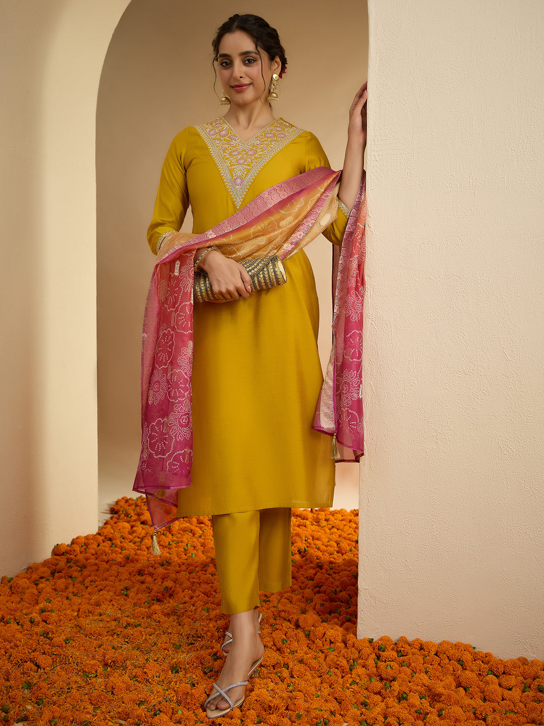 Janasya Women's Mustard Chanderi Silk Floral Embroidered Straight Kurta Set with Bandhani Printed Dupatta