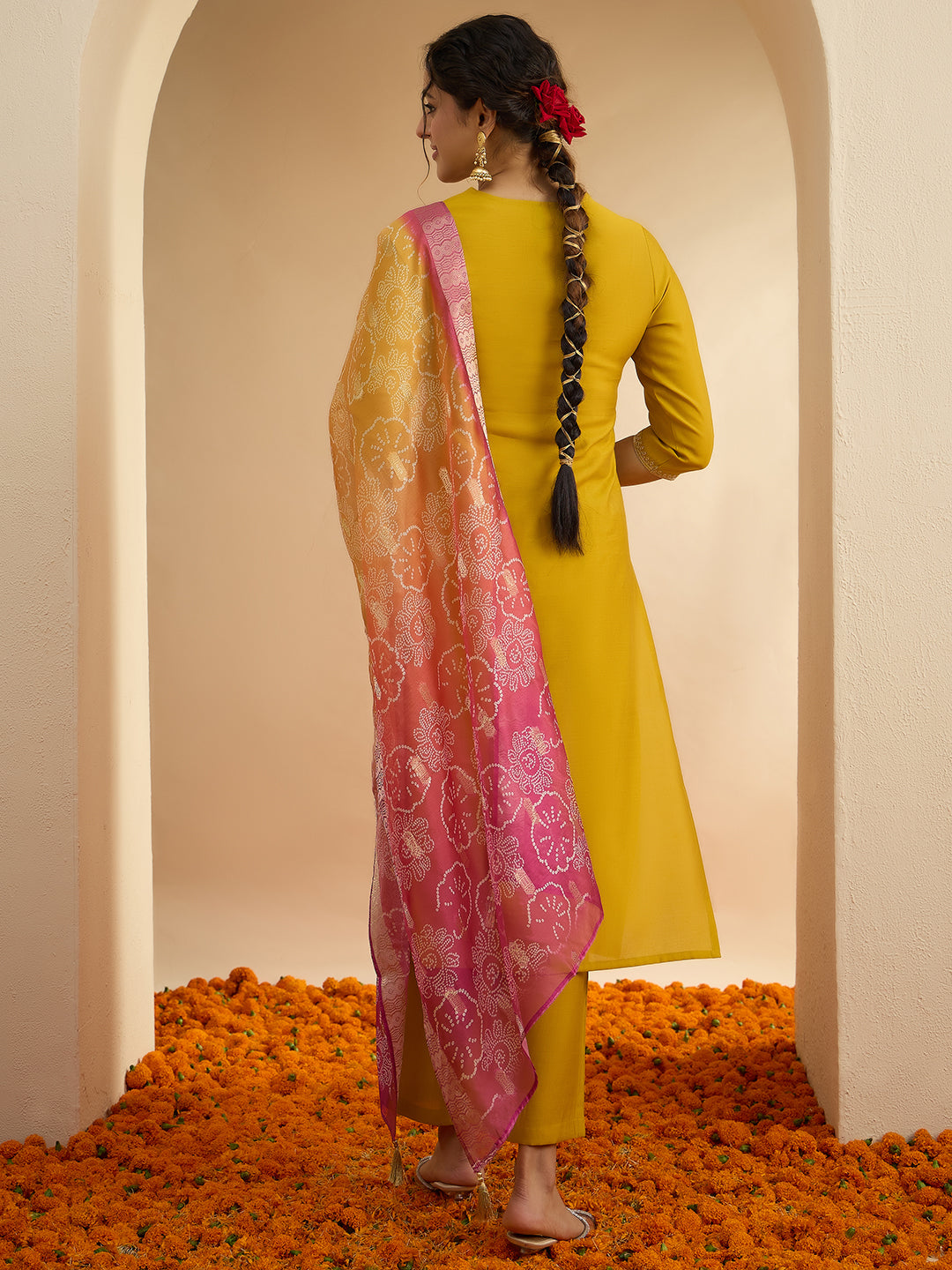 Janasya Women's Mustard Chanderi Silk Floral Embroidered Straight Kurta Set with Bandhani Printed Dupatta