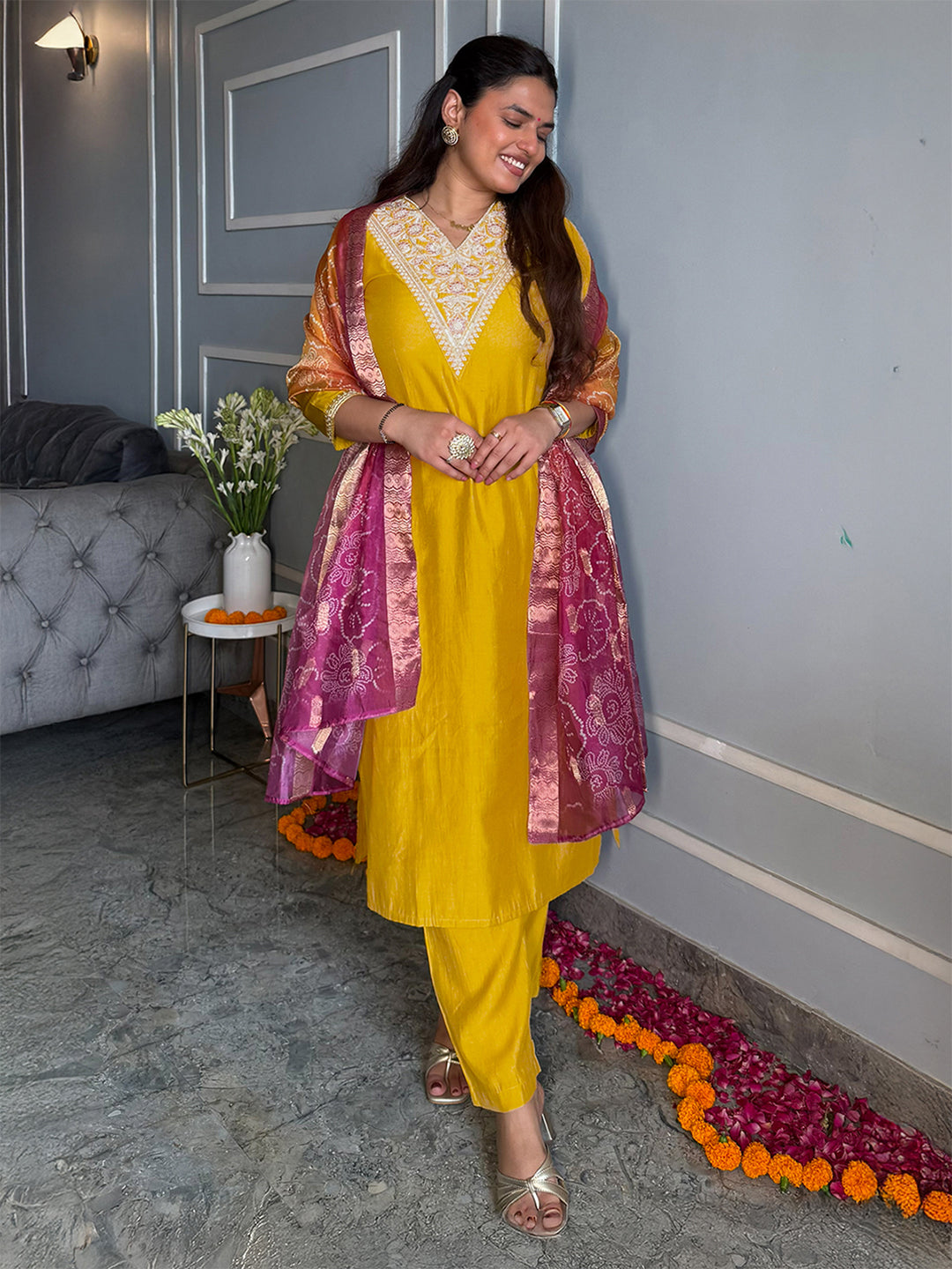 Janasya Women's Mustard Chanderi Silk Floral Embroidered Straight Kurta Set with Bandhani Printed Dupatta