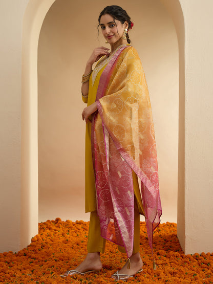 Janasya Women's Mustard Chanderi Silk Floral Embroidered Straight Kurta Set with Bandhani Printed Dupatta