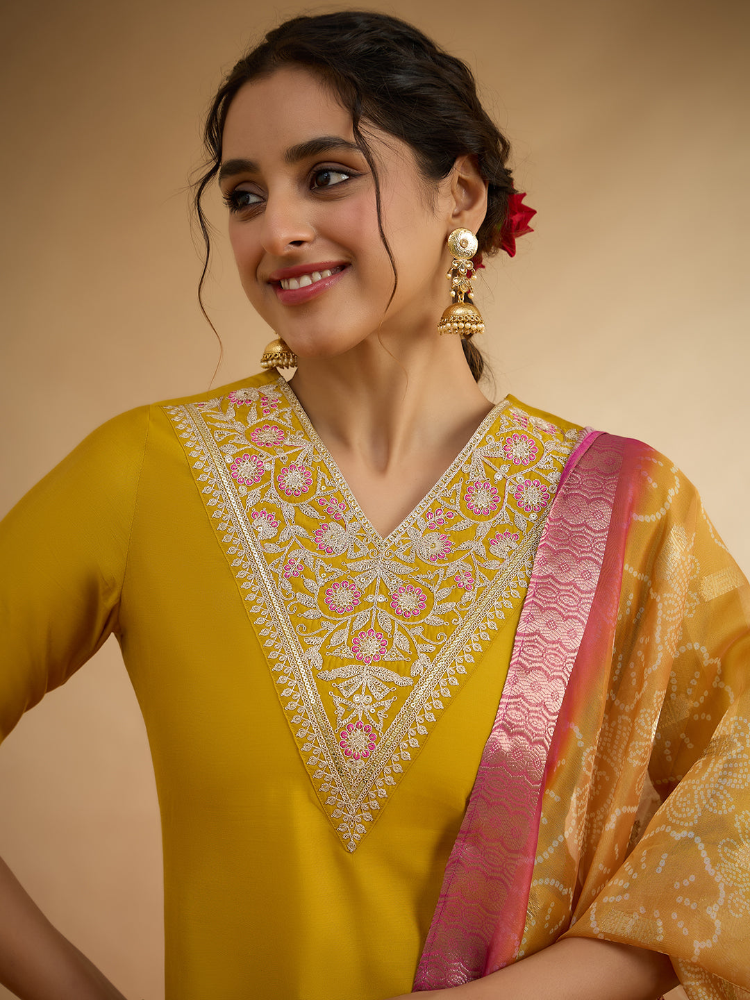 Janasya Women's Mustard Chanderi Silk Floral Embroidered Straight Kurta Set with Bandhani Printed Dupatta
