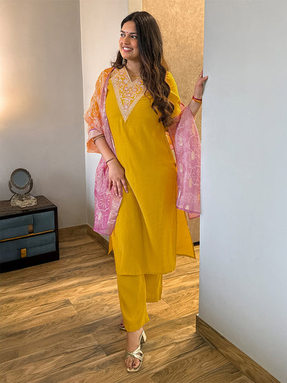 Janasya Women's Mustard Chanderi Silk Floral Embroidered Straight Kurta Set with Bandhani Printed Dupatta
