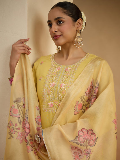 Janasya Women's Yellow Chanderi Silk Embroidered Straight Kurta Set with Printed Dupatta