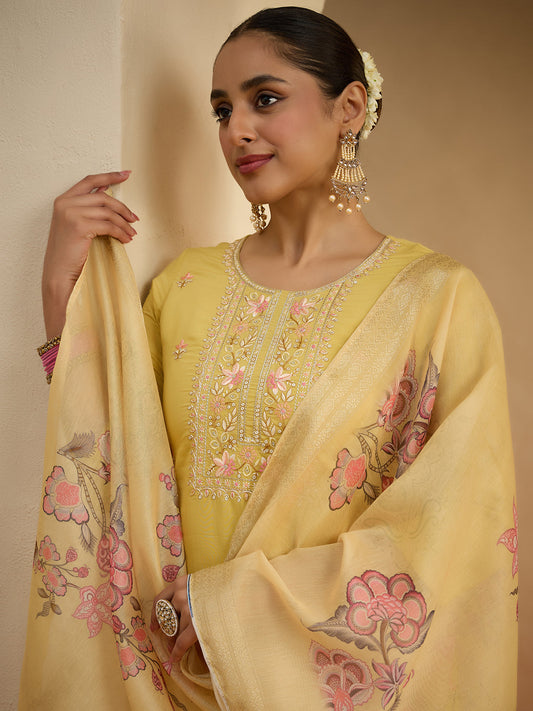 Janasya Women's Yellow Chanderi Silk Embroidered Straight Kurta Set with Printed Dupatta
