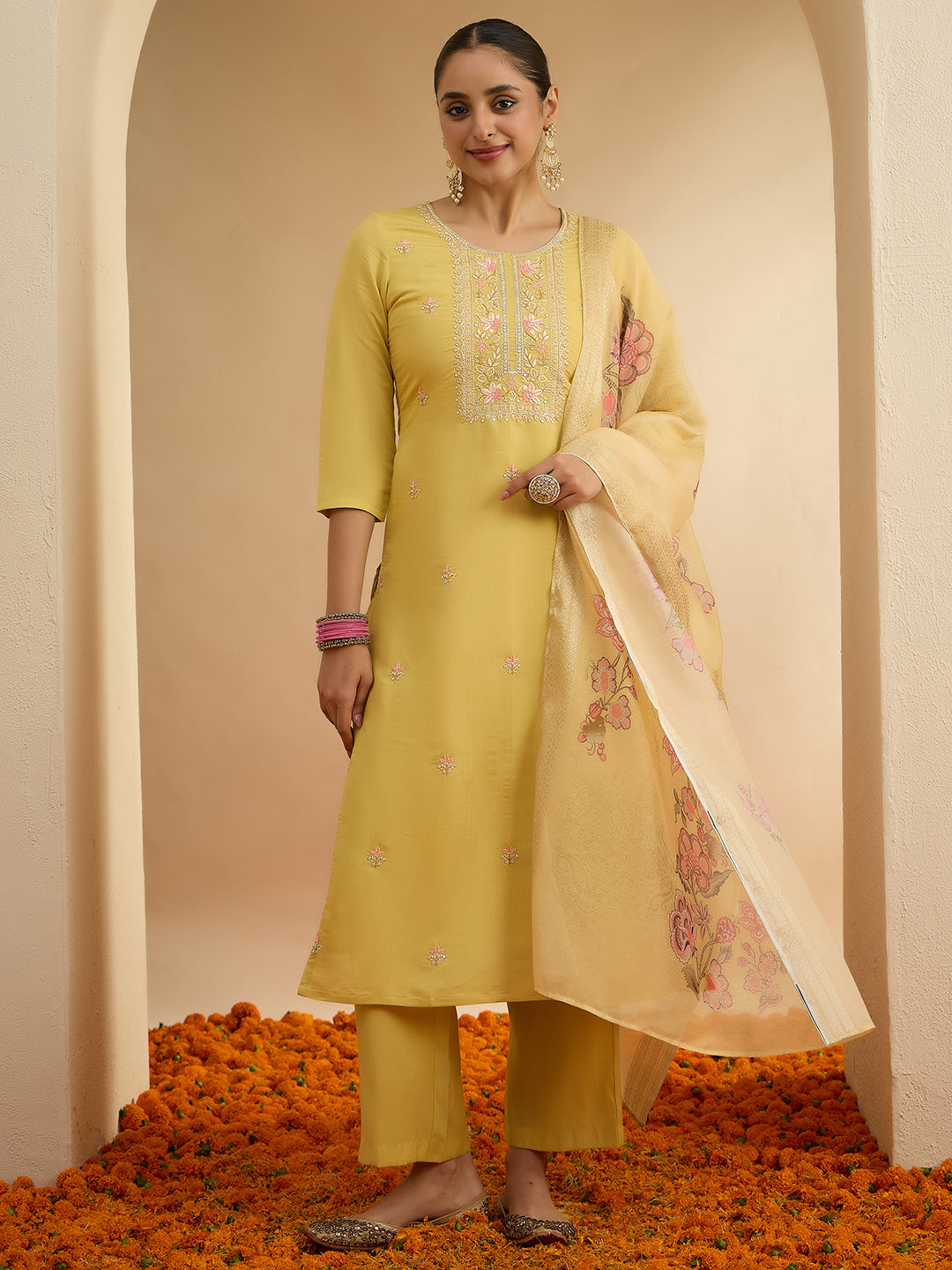 Janasya Women's Yellow Chanderi Silk Embroidered Straight Kurta Set with Printed Dupatta