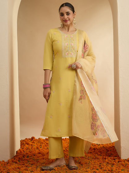 Janasya Women's Yellow Chanderi Silk Embroidered Straight Kurta Set with Printed Dupatta