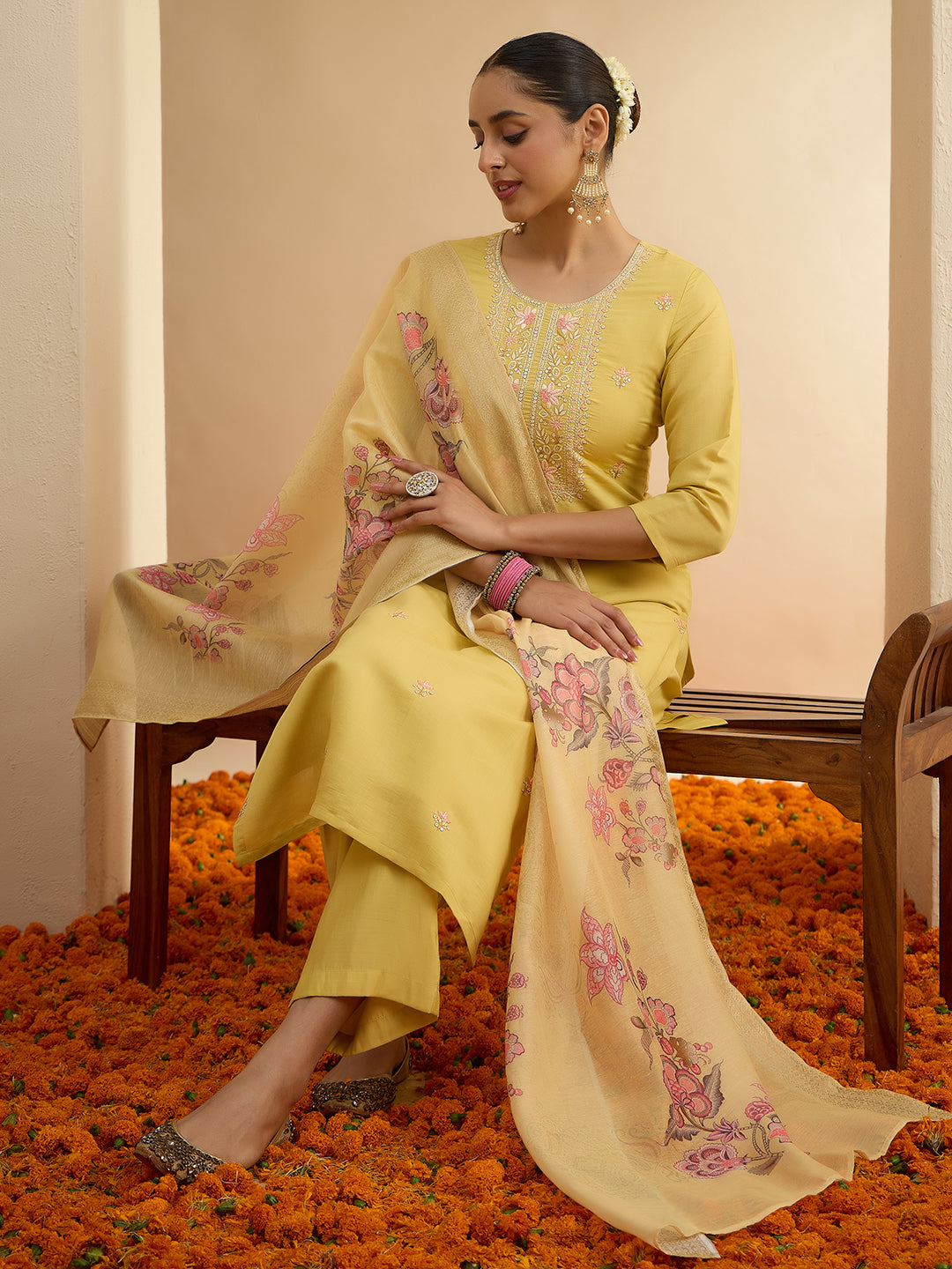 Janasya Women's Yellow Chanderi Silk Embroidered Straight Kurta Set with Printed Dupatta