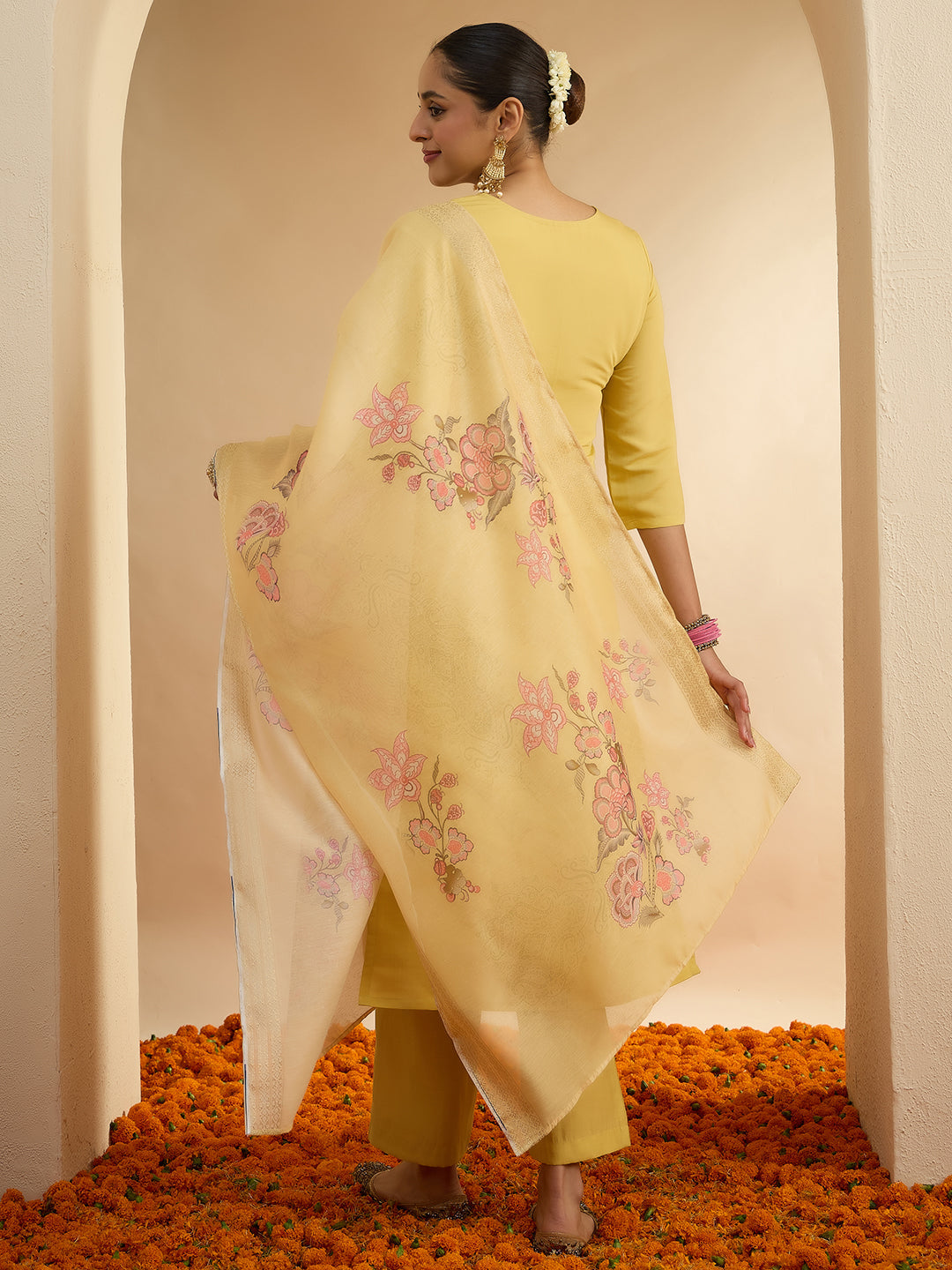 Janasya Women's Yellow Chanderi Silk Embroidered Straight Kurta Set with Printed Dupatta