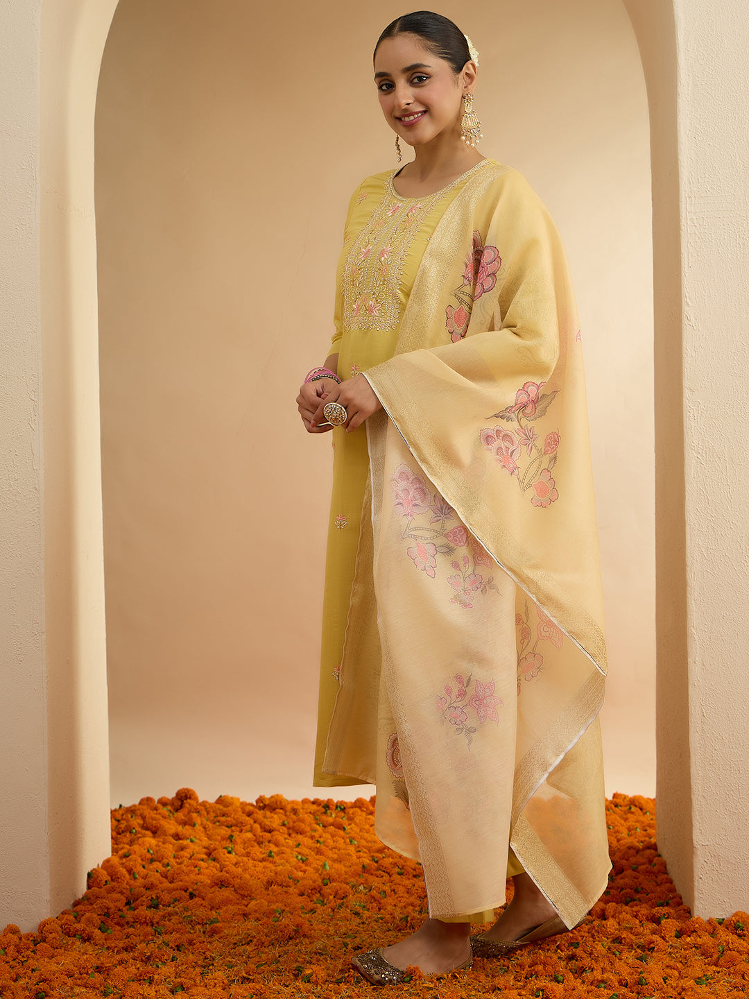Janasya Women's Yellow Chanderi Silk Embroidered Straight Kurta Set with Printed Dupatta