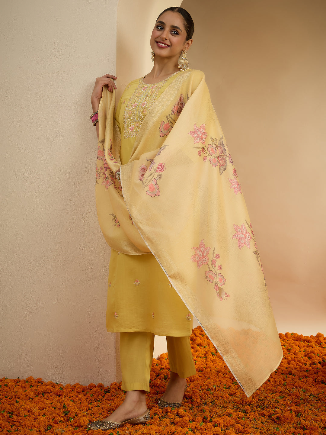 Janasya Women's Yellow Chanderi Silk Embroidered Straight Kurta Set with Printed Dupatta
