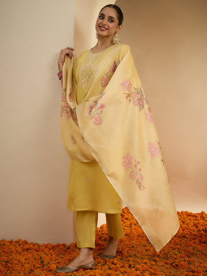 Janasya Women's Yellow Chanderi Silk Embroidered Straight Kurta Set with Printed Dupatta