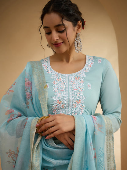 Janasya Women's Sky Blue Chanderi Yoke Embroidered Straight Kurta Set