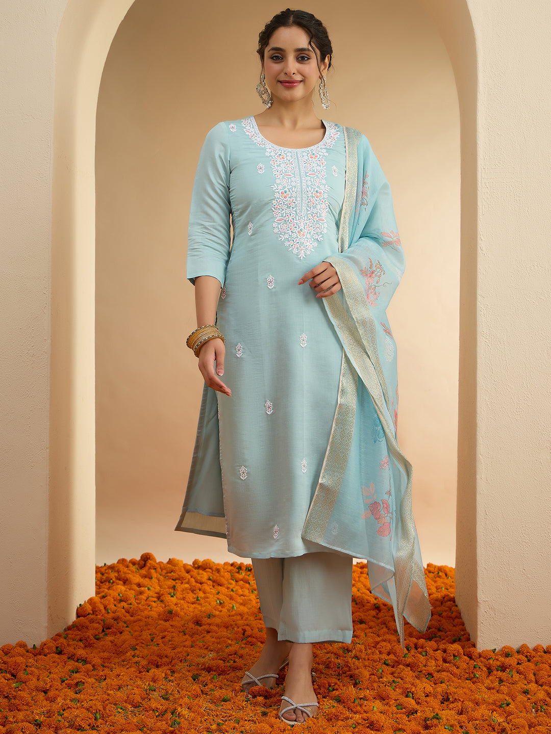 Janasya Women's Sky Blue Chanderi Yoke Embroidered Straight Kurta Set