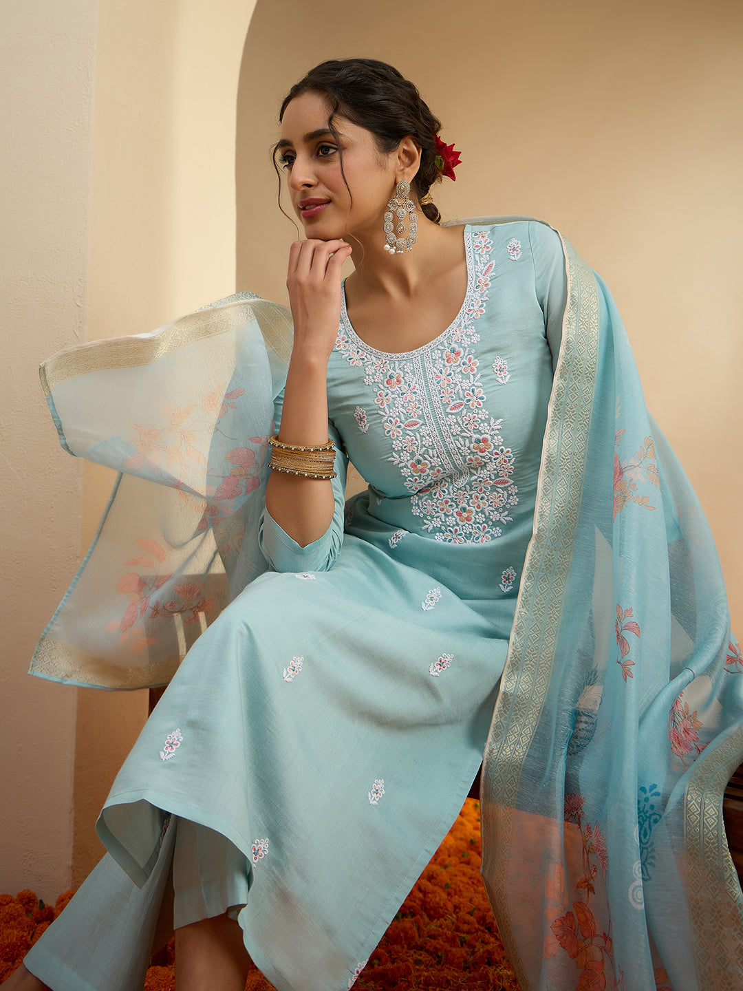 Janasya Women's Sky Blue Chanderi Yoke Embroidered Straight Kurta Set