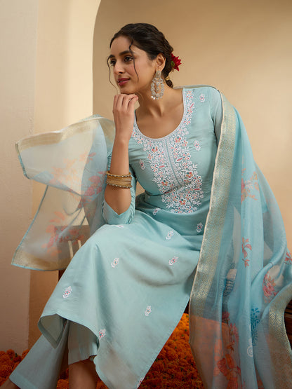 Janasya Women's Sky Blue Chanderi Yoke Embroidered Straight Kurta Set