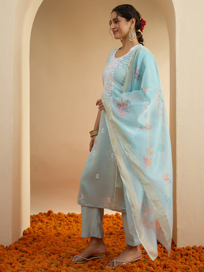 Janasya Women's Sky Blue Chanderi Yoke Embroidered Straight Kurta Set