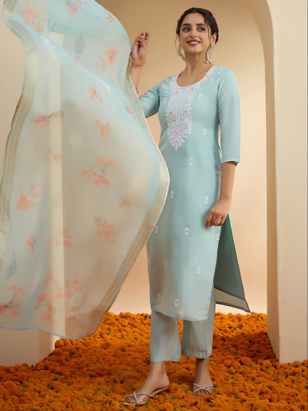 Janasya Women's Sky Blue Chanderi Yoke Embroidered Straight Kurta Set