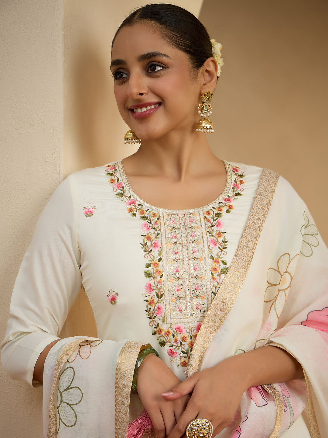 Janasya Women's Off White Chanderi Floral Embroidered Straight kurta Set with Printed Dupatta