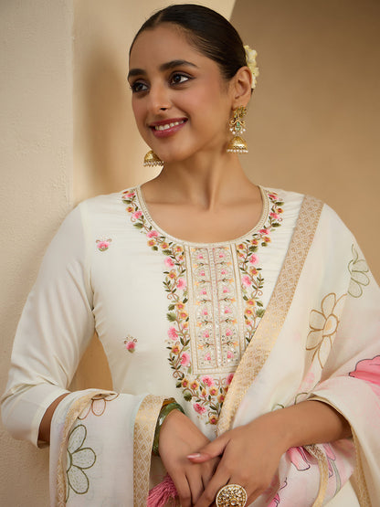 Janasya Women's Off White Chanderi Floral Embroidered Straight kurta Set with Printed Dupatta
