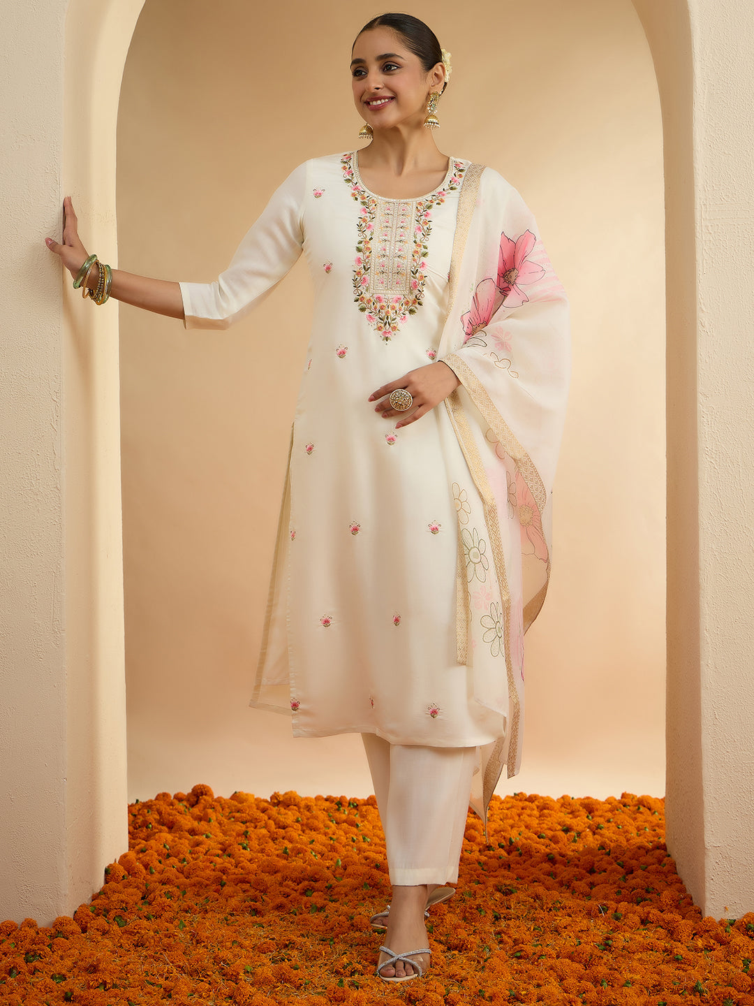Janasya Women's Off White Chanderi Floral Embroidered Straight kurta Set with Printed Dupatta