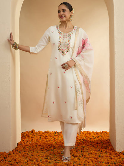 Janasya Women's Off White Chanderi Floral Embroidered Straight kurta Set with Printed Dupatta