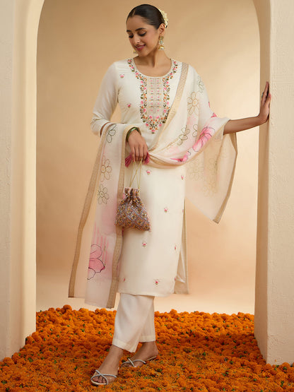 Janasya Women's Off White Chanderi Floral Embroidered Straight kurta Set with Printed Dupatta