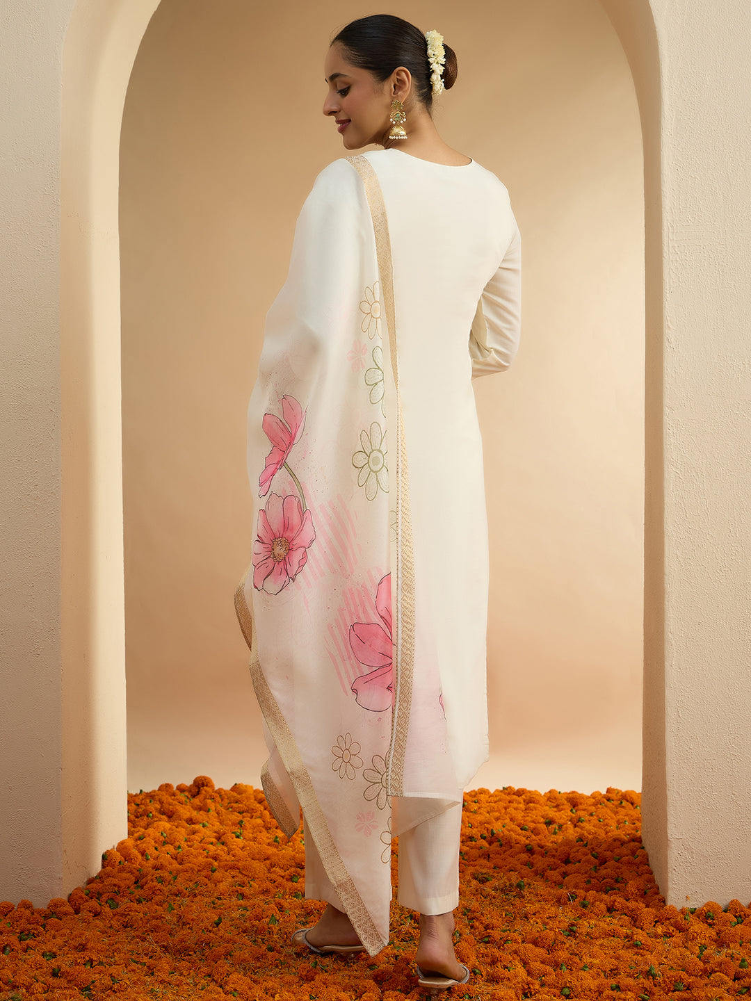 Janasya Women's Off White Chanderi Floral Embroidered Straight kurta Set with Printed Dupatta