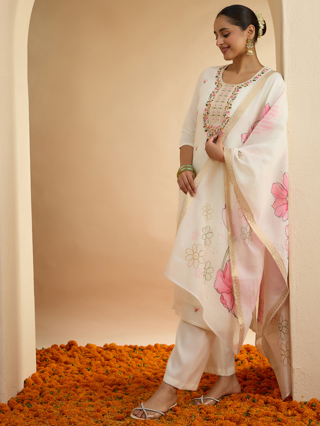 Janasya Women's Off White Chanderi Floral Embroidered Straight kurta Set with Printed Dupatta
