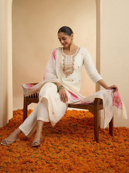 Janasya Women's Off White Chanderi Floral Embroidered Straight kurta Set with Printed Dupatta