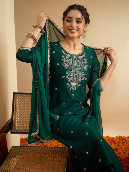 Janasya Women's Bottle Green Silk Blend Floral Zari Embroidered Straight Kurta Set