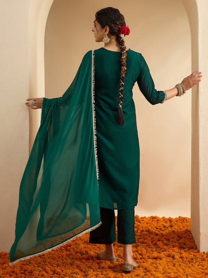 Janasya Women's Bottle Green Silk Blend Floral Zari Embroidered Straight Kurta Set