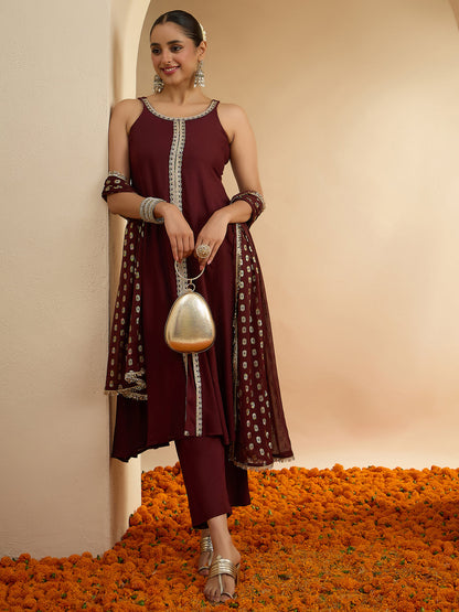 Janasya Women's Brown Rayon Embellished A-Line Kurta Set
