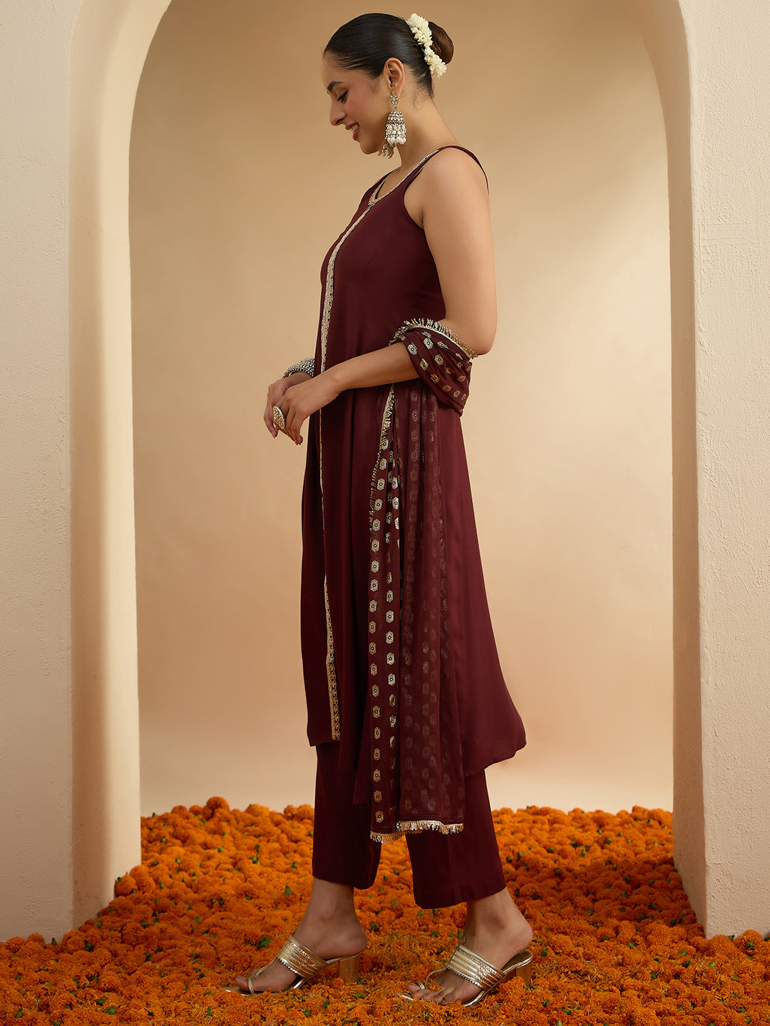 Janasya Women's Brown Rayon Embellished A-Line Kurta Set