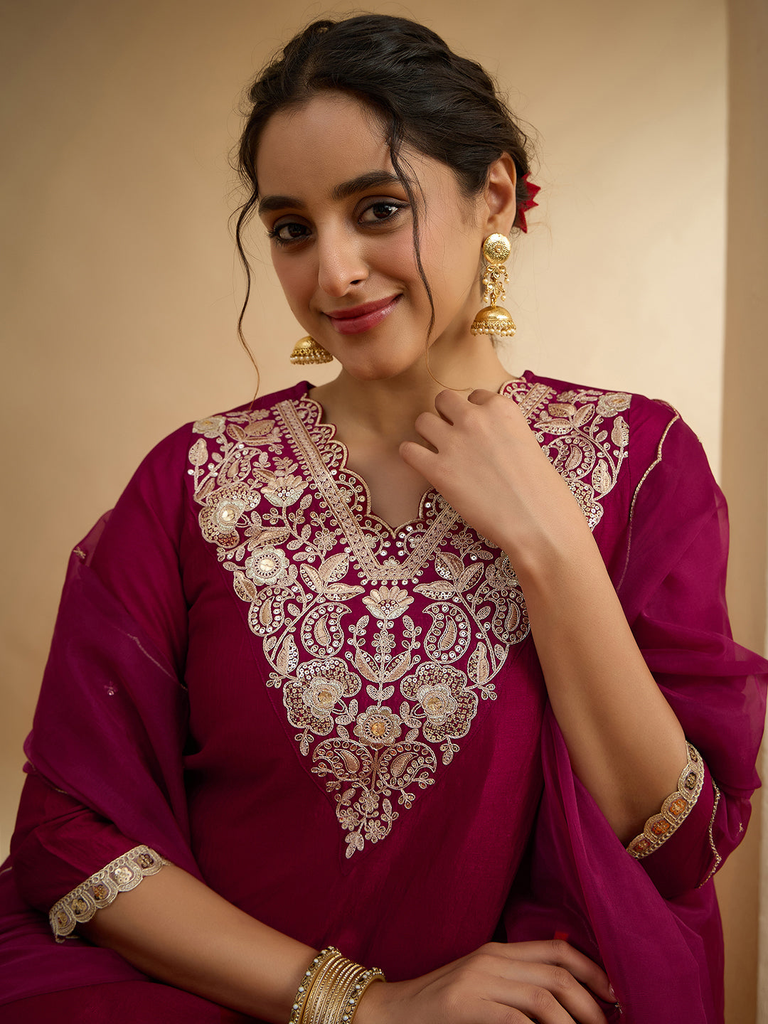 Janasya Women's Maroon Silk Blend Floral Zari Embroidered A-Line Kurta Set