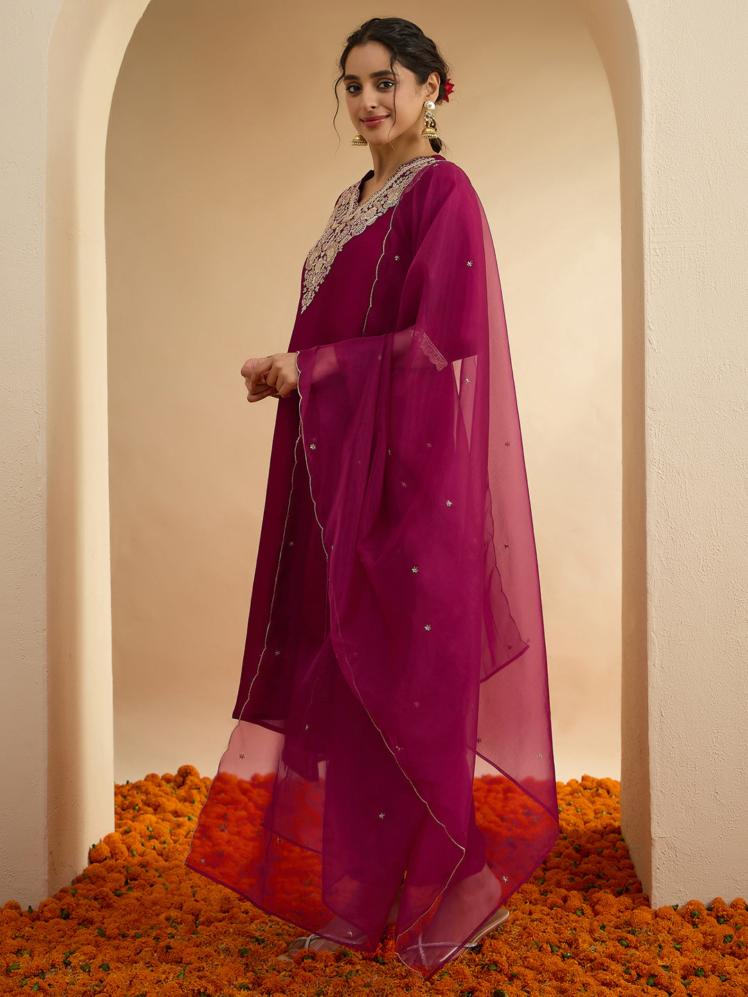 Janasya Women's Maroon Silk Blend Floral Zari Embroidered A-Line Kurta Set