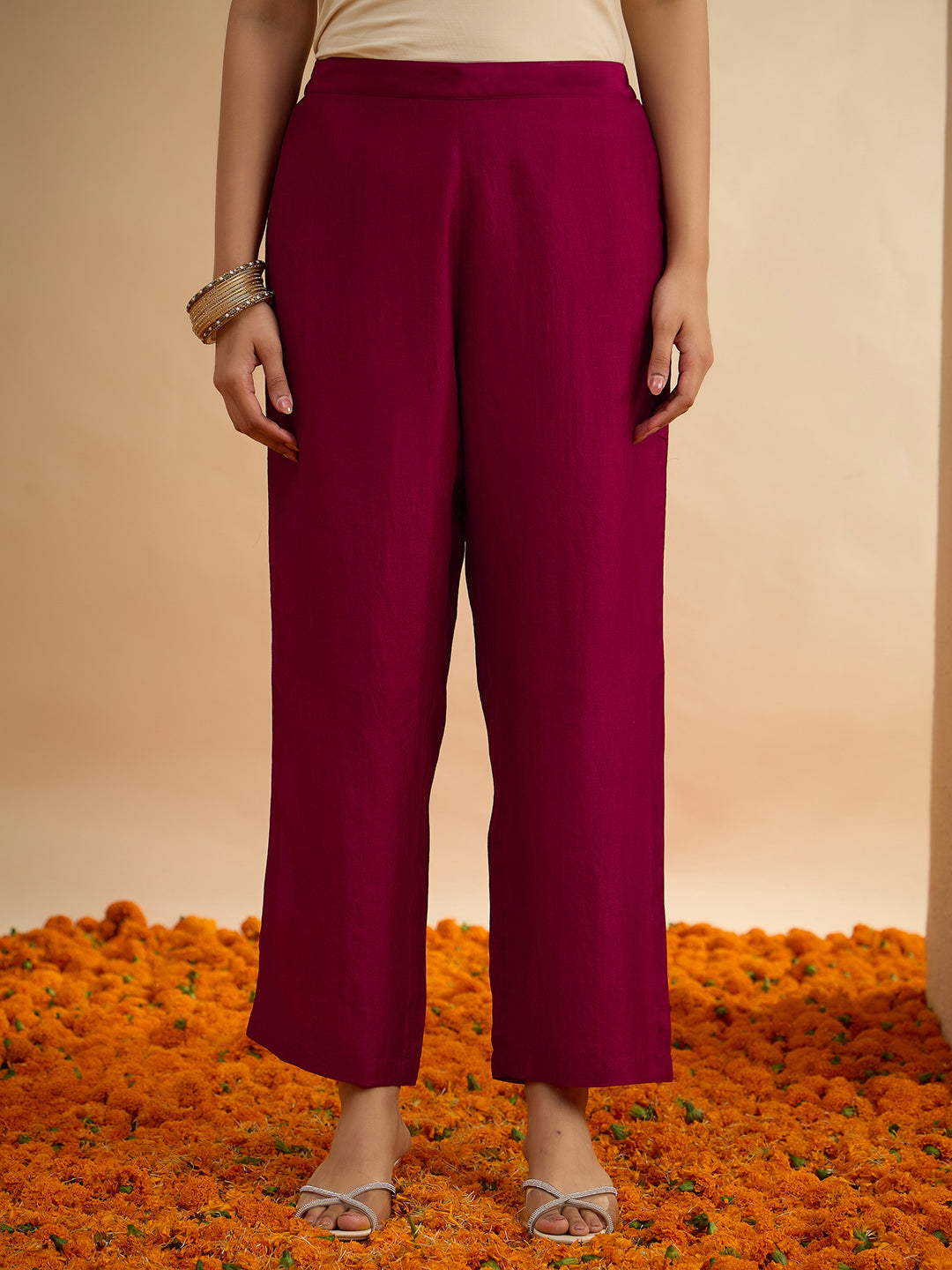 Janasya Women's Maroon Silk Blend Floral Zari Embroidered A-Line Kurta Set