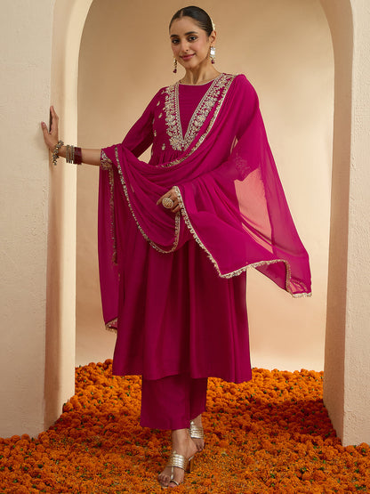 Janasya Women's Magenta Silk Blend Floral Embroidered A-Line Kurta Set