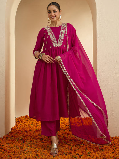 Janasya Women's Magenta Silk Blend Floral Embroidered A-Line Kurta Set