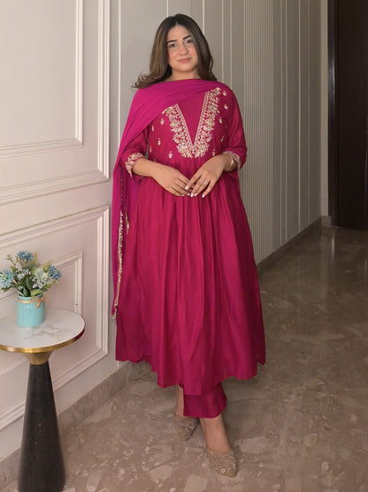 Janasya Women's Magenta Silk Blend Floral Embroidered A-Line Kurta Set
