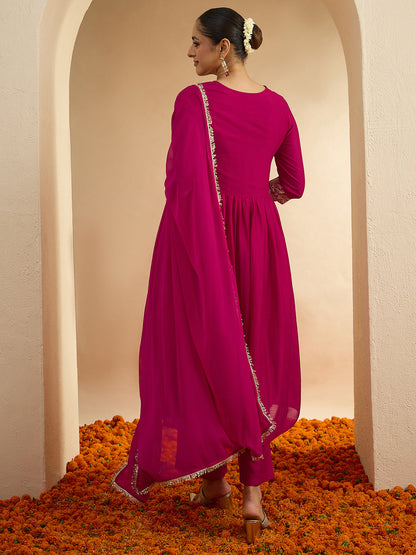 Janasya Women's Magenta Silk Blend Floral Embroidered A-Line Kurta Set