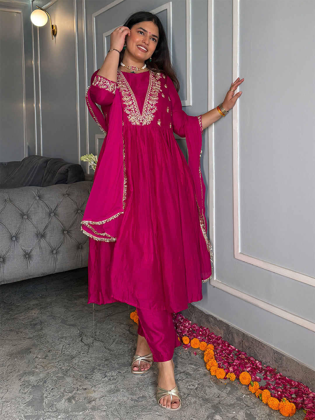 Janasya Women's Magenta Silk Blend Floral Embroidered A-Line Kurta Set