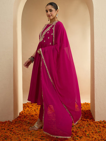 Janasya Women's Magenta Silk Blend Floral Embroidered A-Line Kurta Set