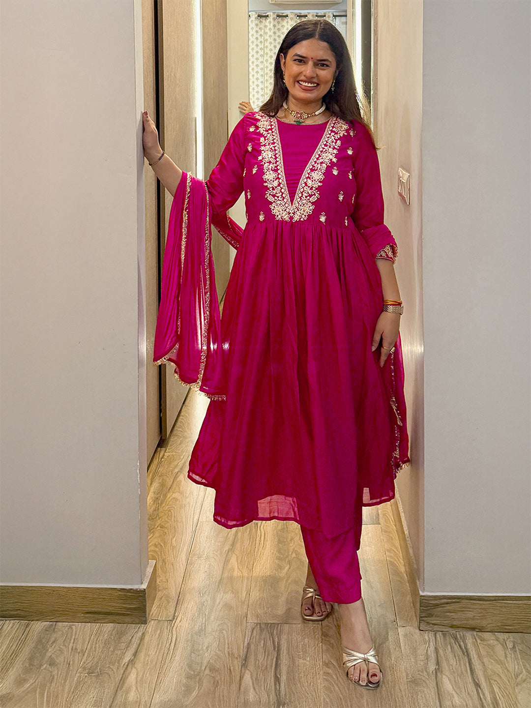 Janasya Women's Magenta Silk Blend Floral Embroidered A-Line Kurta Set