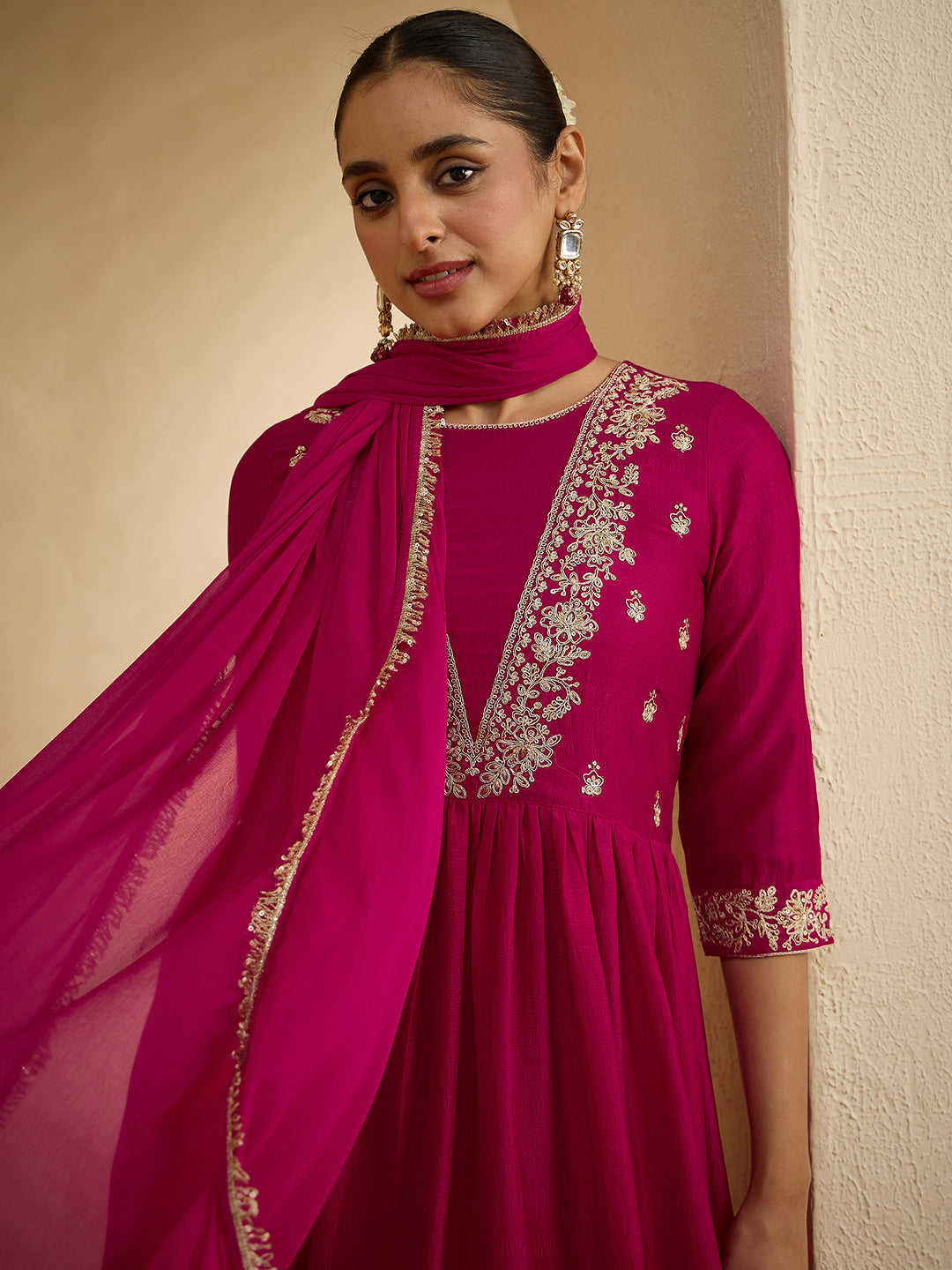 Janasya Women's Magenta Silk Blend Floral Embroidered A-Line Kurta Set