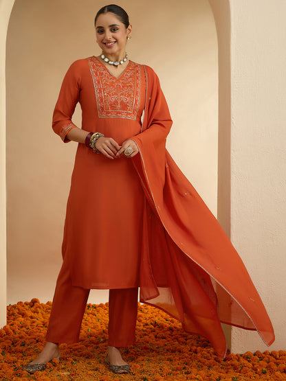 Janasya Women's Rust Chanderi Silk Floral Embroidered Straight Kurta Set