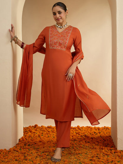 Janasya Women's Rust Chanderi Silk Floral Embroidered Straight Kurta Set