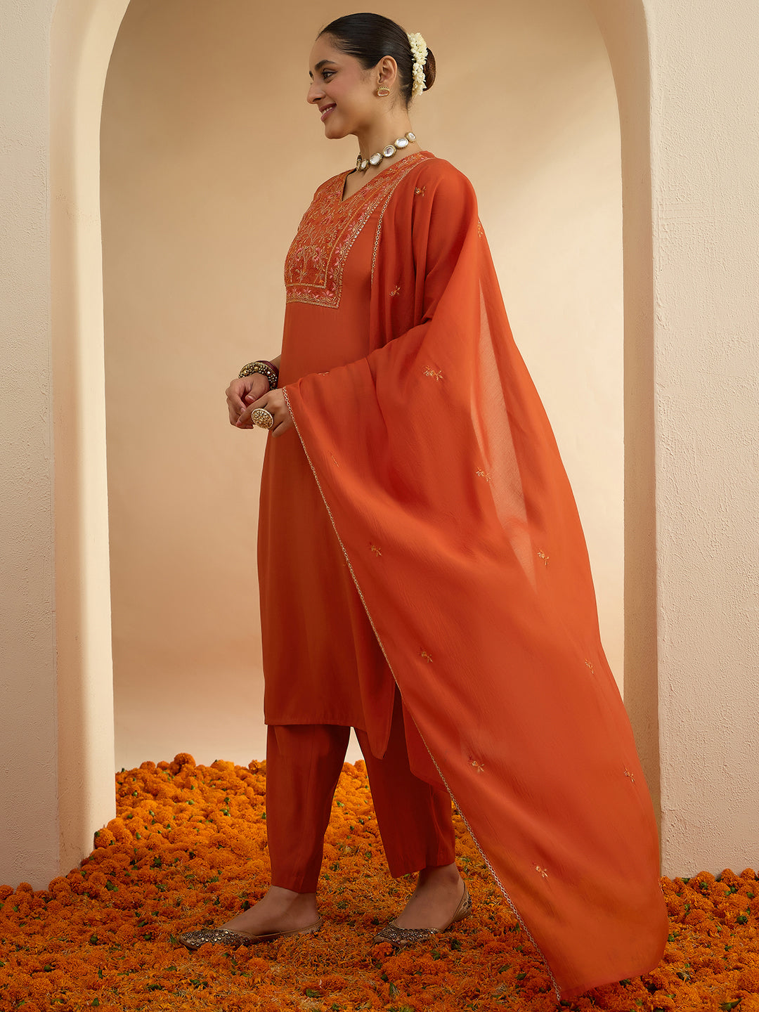 Janasya Women's Rust Chanderi Silk Floral Embroidered Straight Kurta Set