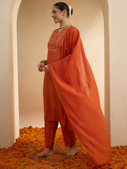Janasya Women's Rust Chanderi Silk Floral Embroidered Straight Kurta Set
