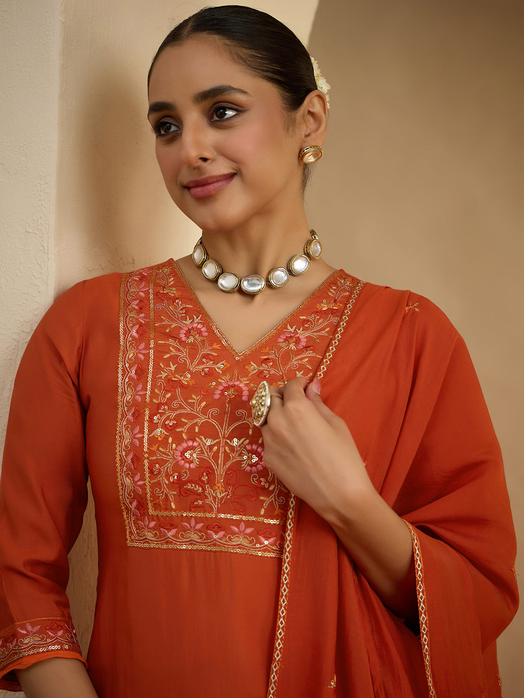 Janasya Women's Rust Chanderi Silk Floral Embroidered Straight Kurta Set