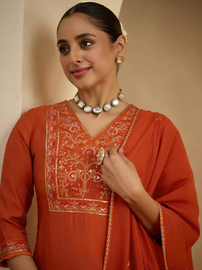 Janasya Women's Rust Chanderi Silk Floral Embroidered Straight Kurta Set